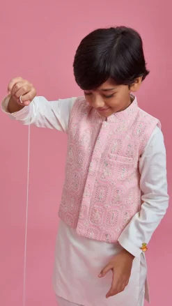 Hot Off White Kurta And Churidar With Pink Chikankari Embroidered Jacket BOY Indian Ethnic Wear | Ethnic Sets