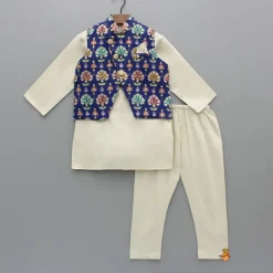 Clearance Off White Kurta With Blue Printed Embroidered Jacket And Pyjama BOY Indian Ethnic Wear | Ethnic Sets