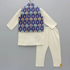 Clearance Off White Kurta With Blue Printed Embroidered Jacket And Pyjama BOY Indian Ethnic Wear | Ethnic Sets