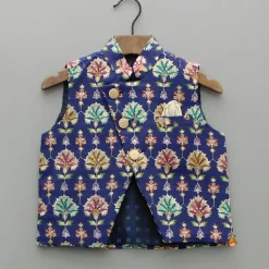 Clearance Off White Kurta With Blue Printed Embroidered Jacket And Pyjama BOY Indian Ethnic Wear | Ethnic Sets