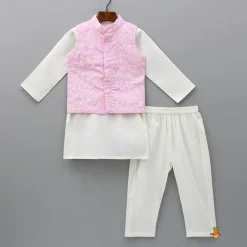 Discount Off White Kurta With Embroidered Pink Jacket And Pyjama BOY Twinning Sets | Indian Ethnic Wear