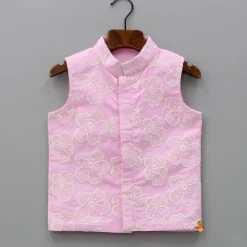 Discount Off White Kurta With Embroidered Pink Jacket And Pyjama BOY Twinning Sets | Indian Ethnic Wear
