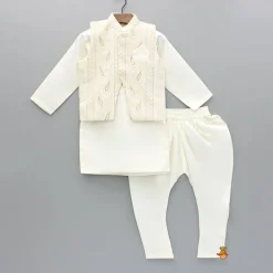 New Off White Kurta With Exquisite Embroidered Jacket And Churidar BOY Indian Ethnic Wear | Ethnic Sets