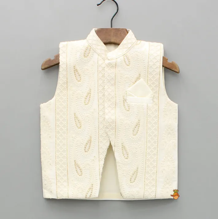 New Off White Kurta With Exquisite Embroidered Jacket And Churidar BOY Indian Ethnic Wear | Ethnic Sets