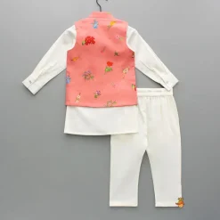 Discount Off White Kurta With Floral Printed Jacket And Pyjama BOY Indian Ethnic Wear | Ethnic Sets