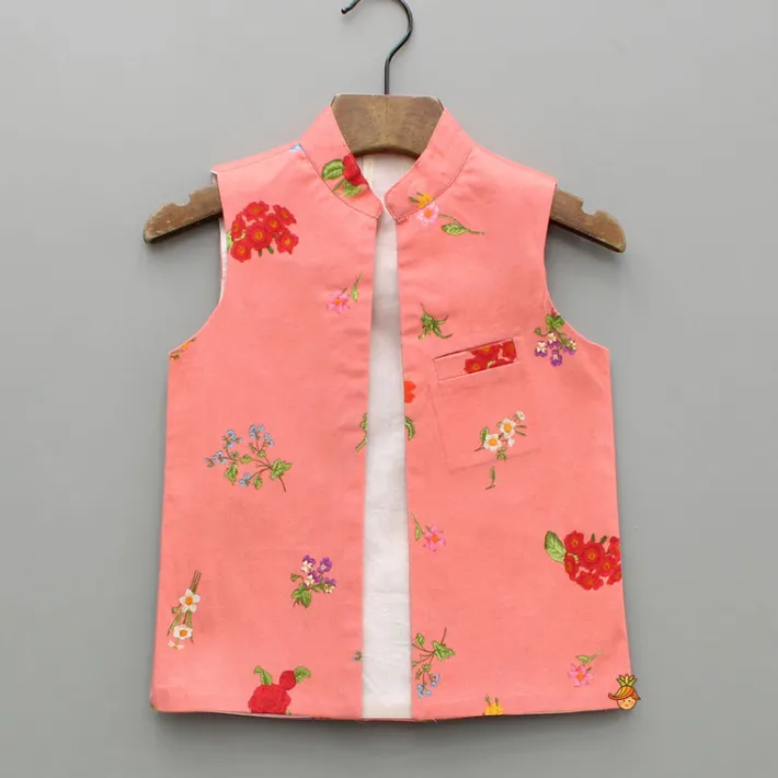 Discount Off White Kurta With Floral Printed Jacket And Pyjama BOY Indian Ethnic Wear | Ethnic Sets