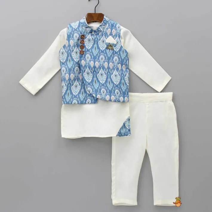 Sale Off White Kurta With Stylish Hem Jacket And Pyjama BOY Twinning Sets | Indian Ethnic Wear