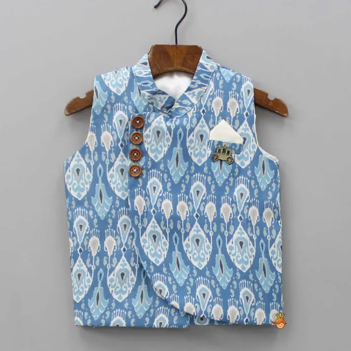 Sale Off White Kurta With Stylish Hem Jacket And Pyjama BOY Twinning Sets | Indian Ethnic Wear