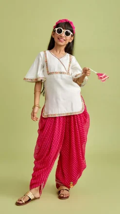 Best Off White Kurti And Leheriya Printed Pink Dhoti Twinning Sets | Ethnic Wear