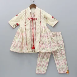 Sale Off White Printed Top With Front Tie-Up Knot Jacket And Pant Ethnic Wear | Churidars & Salwars