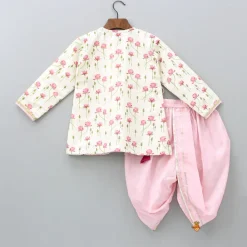 Clearance Off White Tie Up Angarkha Kurta And Dhoti With Pink Mukut BOY Indian Ethnic Wear | Ethnic Sets