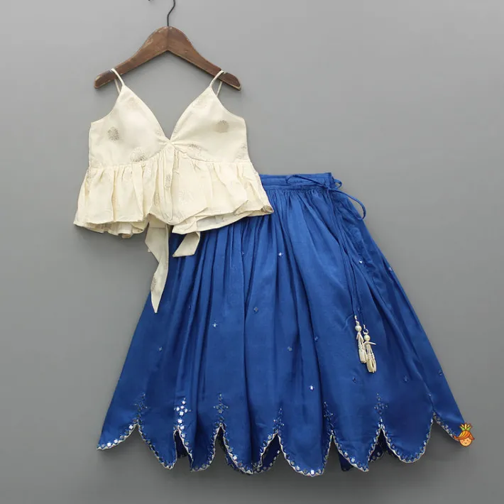 Hot Off White Tie Up Strap Top And Faux Mirror Work Lehenga Ethnic Wear | Lehengas & Ghagras