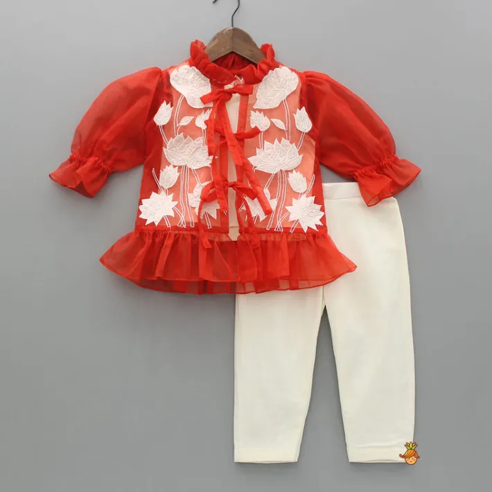 Discount Off White Top With Front Tie Up Knot Applique Embroidered Jacket And Pant Ethnic Wear | Churidars & Salwars