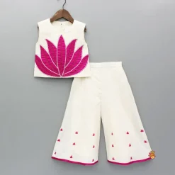Online Off White Top With Pink Lotus Applique Embroidery And Palazzo Ethnic Wear | Palazzos & Shararas