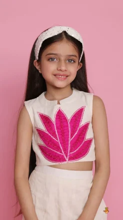 Online Off White Top With Pink Lotus Applique Embroidery And Palazzo Ethnic Wear | Palazzos & Shararas