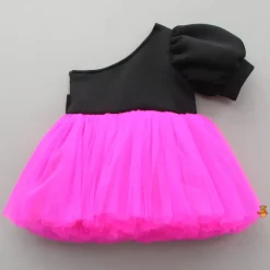 Fashion One Shoulder Bow Enhanced Pink And Black Net Dress Dresses & Sets | Dresses