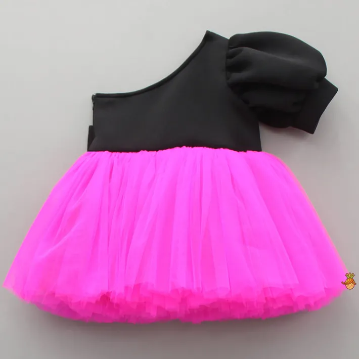 Fashion One Shoulder Bow Enhanced Pink And Black Net Dress Dresses & Sets | Dresses