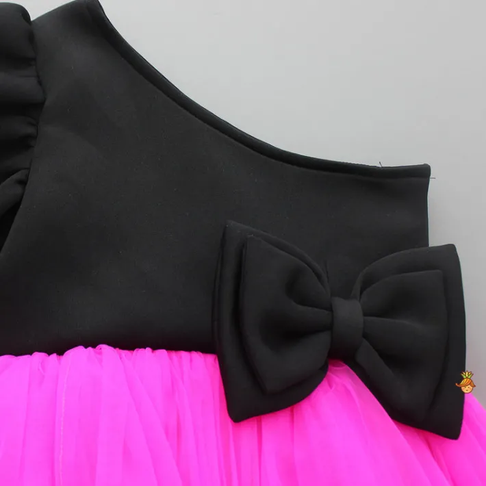 Fashion One Shoulder Bow Enhanced Pink And Black Net Dress Dresses & Sets | Dresses