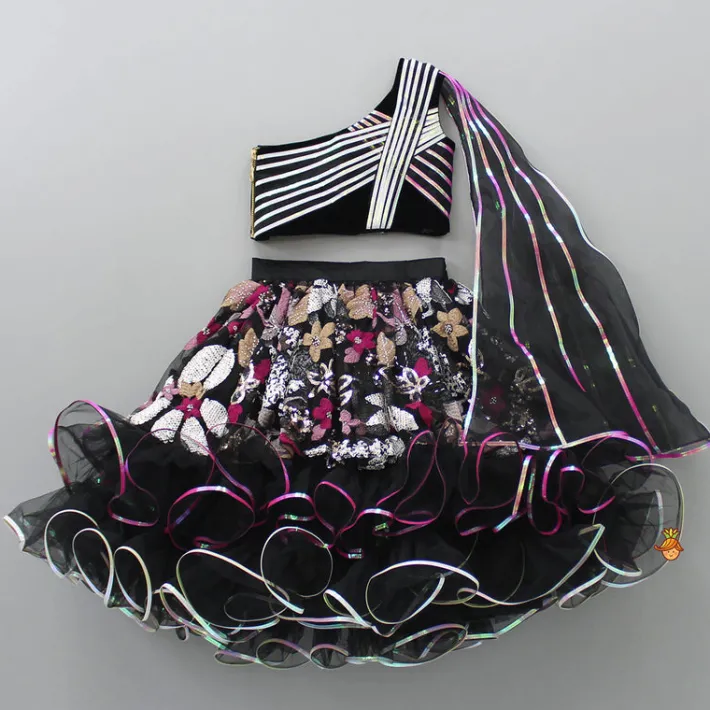 Sale One Shoulder Drape Top And Embroidered Ruffle Lehenga Ethnic Wear | Lehengas & Ghagras
