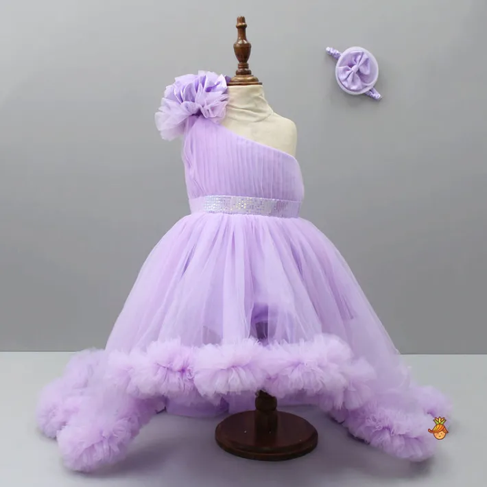 Outlet One Shoulder Flower Embellished High Low Dress With Matching Swirled Bow Headband Dresses & Sets | Dresses