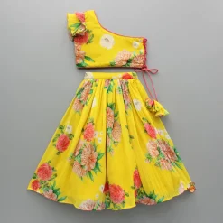 Clearance One Shoulder Flower Printed Top And Frilly Lehenga Ethnic Wear | Lehengas & Ghagras
