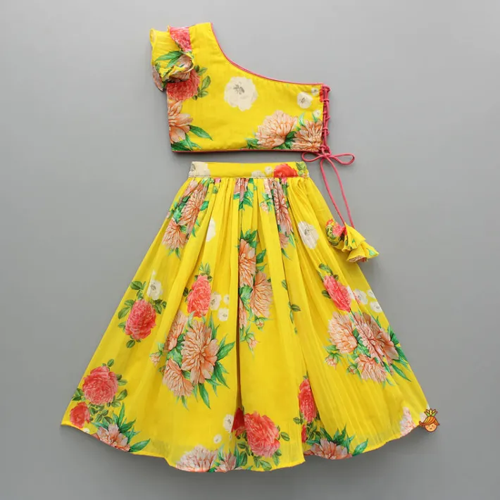 Clearance One Shoulder Flower Printed Top And Frilly Lehenga Ethnic Wear | Lehengas & Ghagras