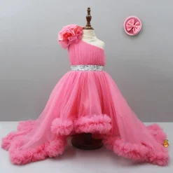 Discount One Shoulder High Low Pink Net Dress With Matching Hairclip Dresses & Sets | Dresses