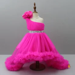 Outlet One Shoulder High Low Pink Dress With Matching Head Band And Detachable bow Dresses & Sets | Dresses