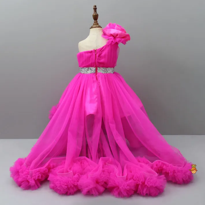 Outlet One Shoulder High Low Pink Dress With Matching Head Band And Detachable bow Dresses & Sets | Dresses