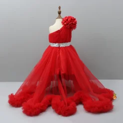 Online One Shoulder High Low Red Dress With Matching Hairclip And Detachable bow Dresses & Sets | Dresses