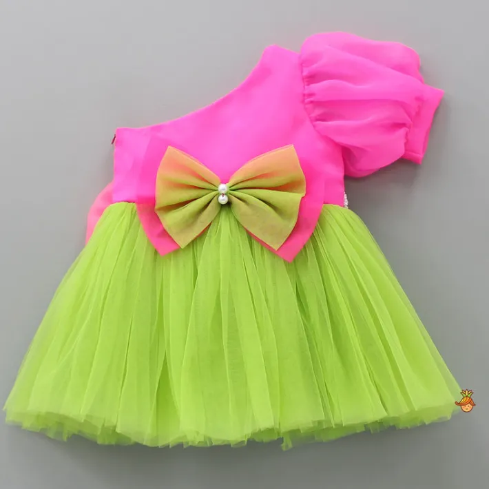Discount One Shoulder Swirled Flower Enhanced Flared Pink And Green Dress Dresses & Sets | Dresses
