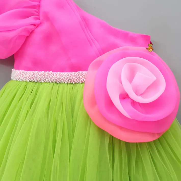 Discount One Shoulder Swirled Flower Enhanced Flared Pink And Green Dress Dresses & Sets | Dresses