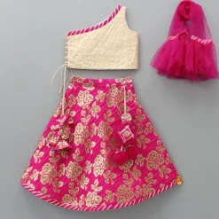 New One Shoulder Top With Floral Brocade Embroidered Lehenga And Pink Dupatta Ethnic Wear | Lehengas & Ghagras