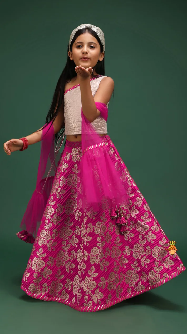New One Shoulder Top With Floral Brocade Embroidered Lehenga And Pink Dupatta Ethnic Wear | Lehengas & Ghagras
