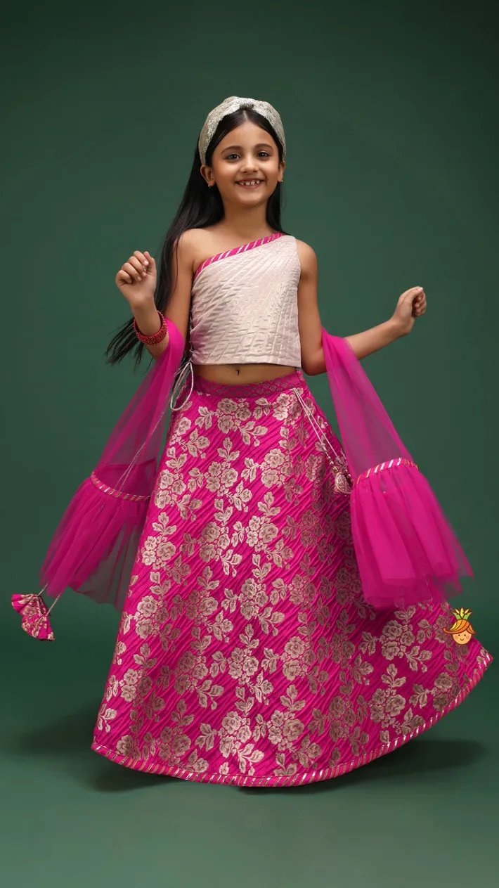 New One Shoulder Top With Floral Brocade Embroidered Lehenga And Pink Dupatta Ethnic Wear | Lehengas & Ghagras
