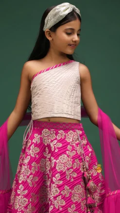 New One Shoulder Top With Floral Brocade Embroidered Lehenga And Pink Dupatta Ethnic Wear | Lehengas & Ghagras