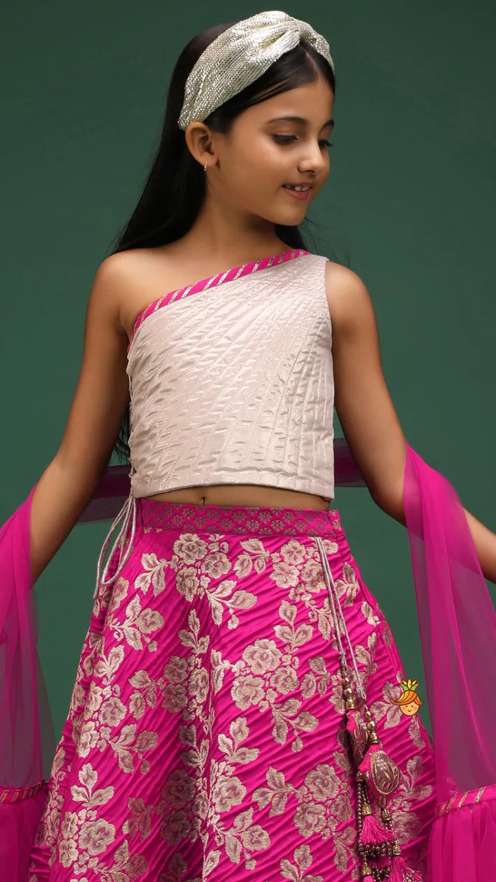 New One Shoulder Top With Floral Brocade Embroidered Lehenga And Pink Dupatta Ethnic Wear | Lehengas & Ghagras