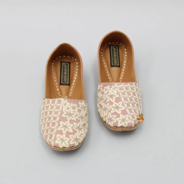 Online Onion Pink Checks And Floral Embroidered Jutti BOY Shoes