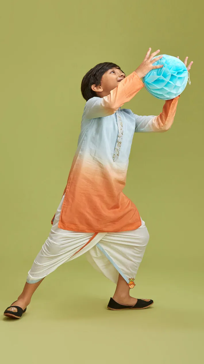 Fashion Orange And Blue Ombre Kurta With Dhoti BOY Twinning Sets | Indian Ethnic Wear