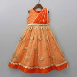 Outlet Orange Brocade Anarkali With Detachable Belt And Net Dupatta Ethnic Wear | Sarees & Anarkalis
