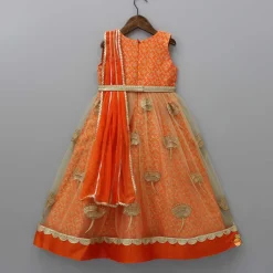 Outlet Orange Brocade Anarkali With Detachable Belt And Net Dupatta Ethnic Wear | Sarees & Anarkalis