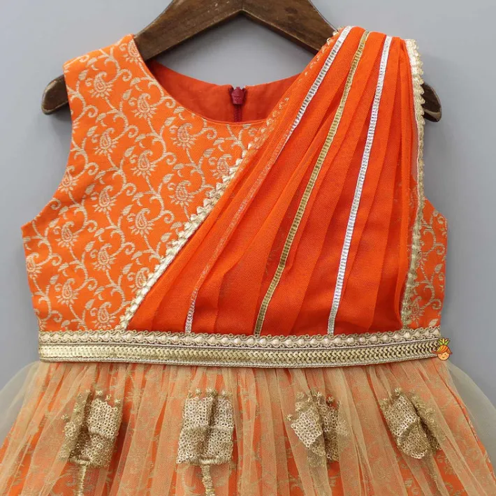 Outlet Orange Brocade Anarkali With Detachable Belt And Net Dupatta Ethnic Wear | Sarees & Anarkalis