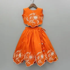 Fashion Orange Embroidered Dual Back Knot Detailed Top And Lehenga With Scalloped Hem Detailing Ethnic Wear | Lehengas & Ghagras