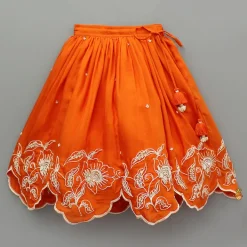 Fashion Orange Embroidered Dual Back Knot Detailed Top And Lehenga With Scalloped Hem Detailing Ethnic Wear | Lehengas & Ghagras