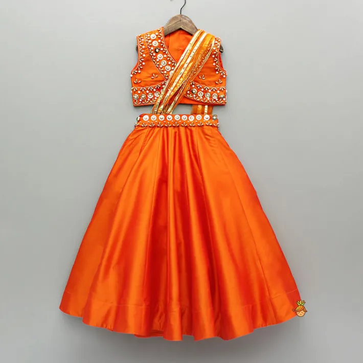 Discount Orange Embroidered Top And Lehenga With Attached Dupatta Ethnic Wear | Lehengas & Ghagras