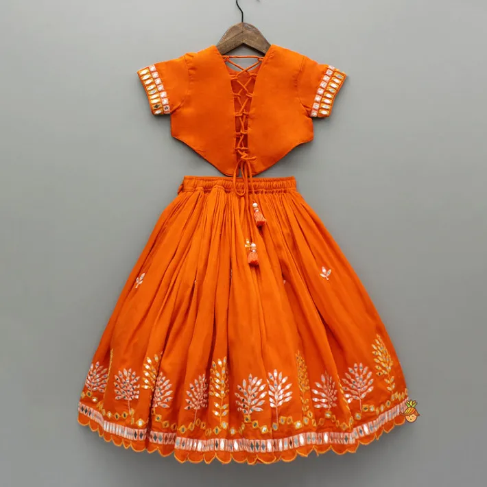 Outlet Orange Faux Mirror Embroidered Top And Lehenga Ethnic Wear | Lehengas & Ghagras