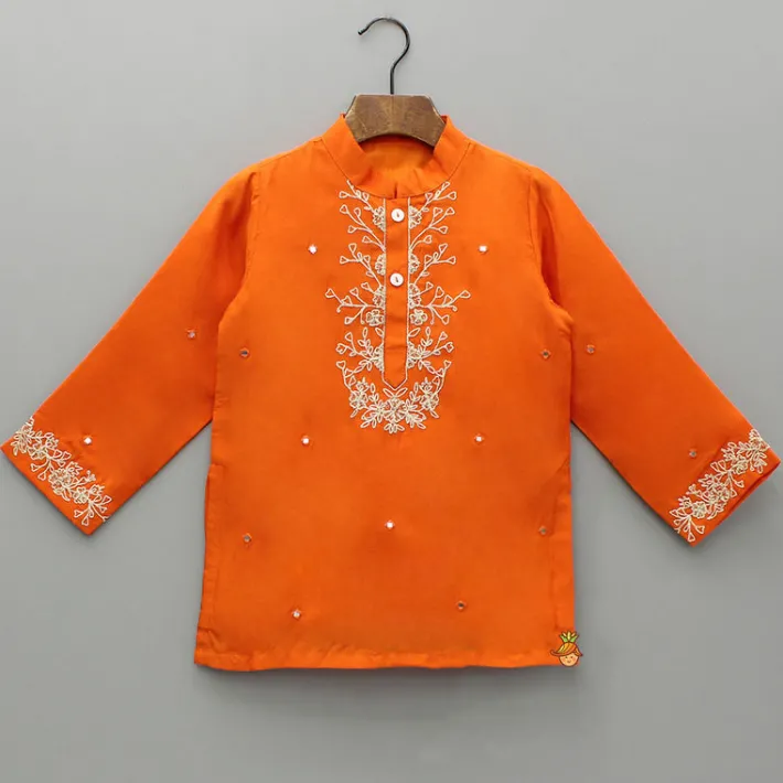 Discount Orange Faux Mirror Work Kurta With Pyjama BOY Indian Ethnic Wear | Ethnic Sets