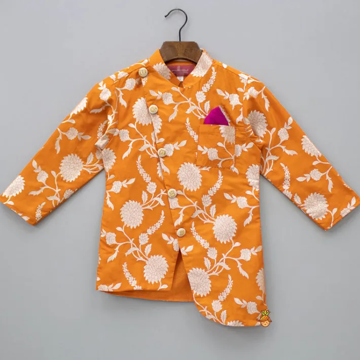 Online Orange Floral Brocade Asymmetric Kurta With Dhoti BOY Indian Ethnic Wear | Ethnic Sets