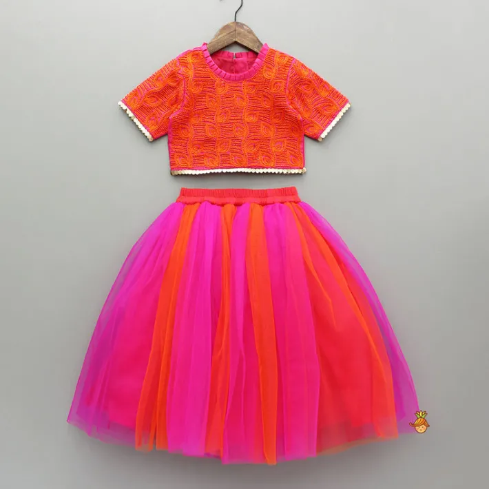Fashion Orange Hand Embroidered Pink Top With Lehenga And Dupatta Ethnic Wear | Lehengas & Ghagras