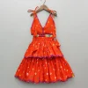 New Orange Multicolour Printed Embroidered Tie Up Strappy Top and Layered Lehenga Ethnic Wear | Lehengas & Ghagras